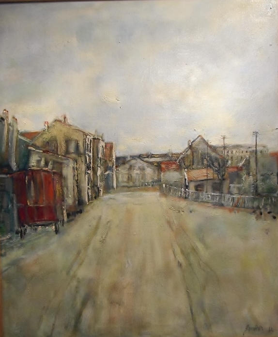 Gantner, huile sur toile, 64/53 hors cadre, signature en bas à droite, daté 62 rue près de la gare à Belfort