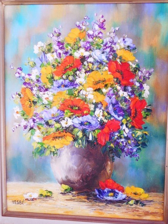 Hesbe, artiste Alsacien, huile sur toile, signature en bas à gauche, dimension hors cadre H35/27 à vue, bouquet de printemps