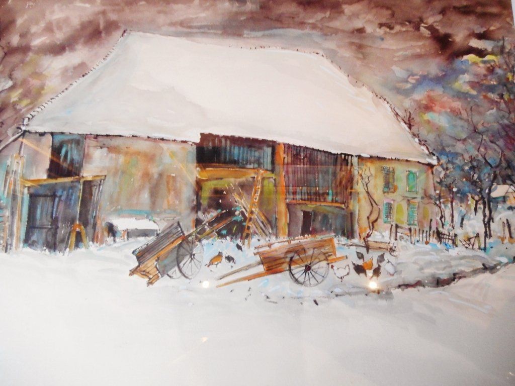 Jean Chaboudé, 1927/1987, aquarelle, signature en bas à gauche, datée 79, ferme de La Chapelle sous Chaux sous la neige, dimension hors cadre H55/73 à vue