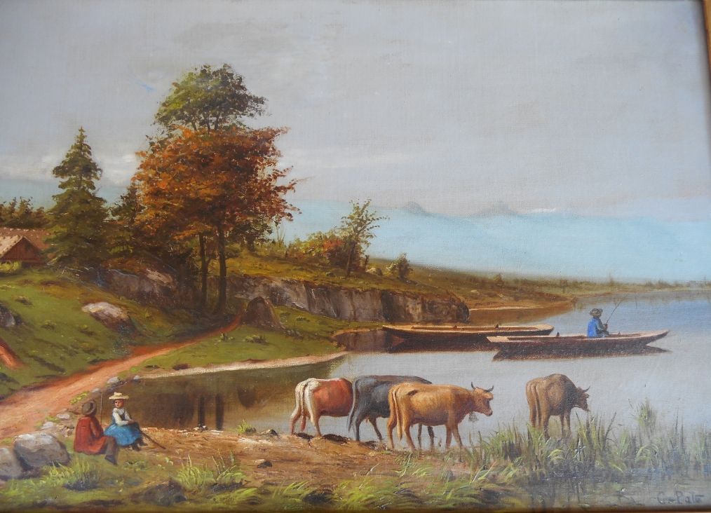 Chérubino Pata, 1827/1899, peintre paysagiste, huile sur toile, signature en bas à droite daté 1872, dimension hors carde 73/45. Admirateur de Courbet il travaille avec lui, il devient son collaborateur.