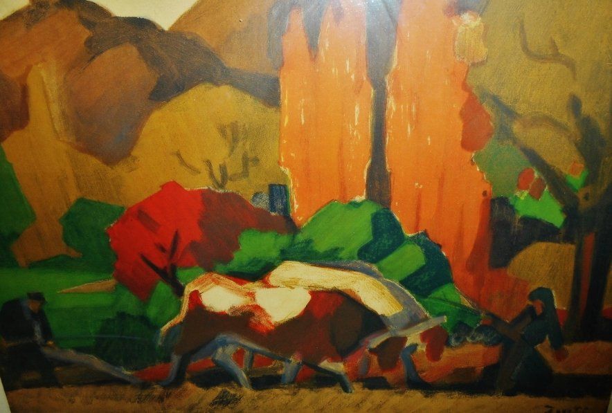 Jules Émile Zingg, 1882/1942, estampe, signature en bas à droite, cachet d'atelier, sous verre, dimension hors cadre 53/53 à vue, paysage d'Auvergne et labour aux bœufs