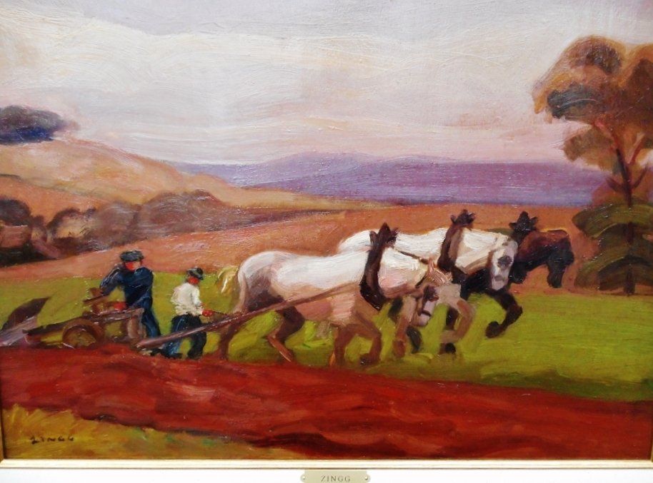 Jules Émile Zingg, 1882/1942, huile sur panneau, signature en bas à droite, scène paysanne au labour,
dimension hors cadre H48/67 à vue
