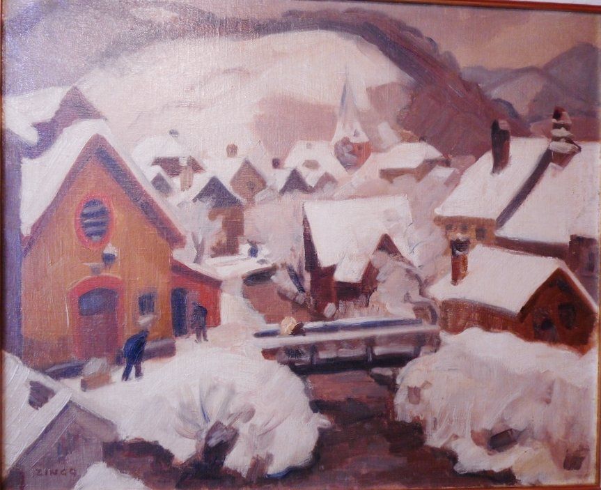 Jules Émile Zingg, 1882/1942, village sous la neige dans le massif Vosgien côté Alsace à Liépvre, huile sur toile, signature en bas à gauche, dimension hors cadre h60/75 à vue, circa 1925