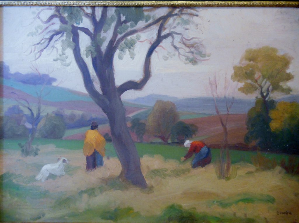 Jules Emile Zingg, 1882/1942, huile sur panneau, signature en bas à droite, paysage animé ( ramassage des noix), le chien de l'artiste ploum  accompagne les 2 dames, 'Boury', 53/74 hors cadre   VENDU