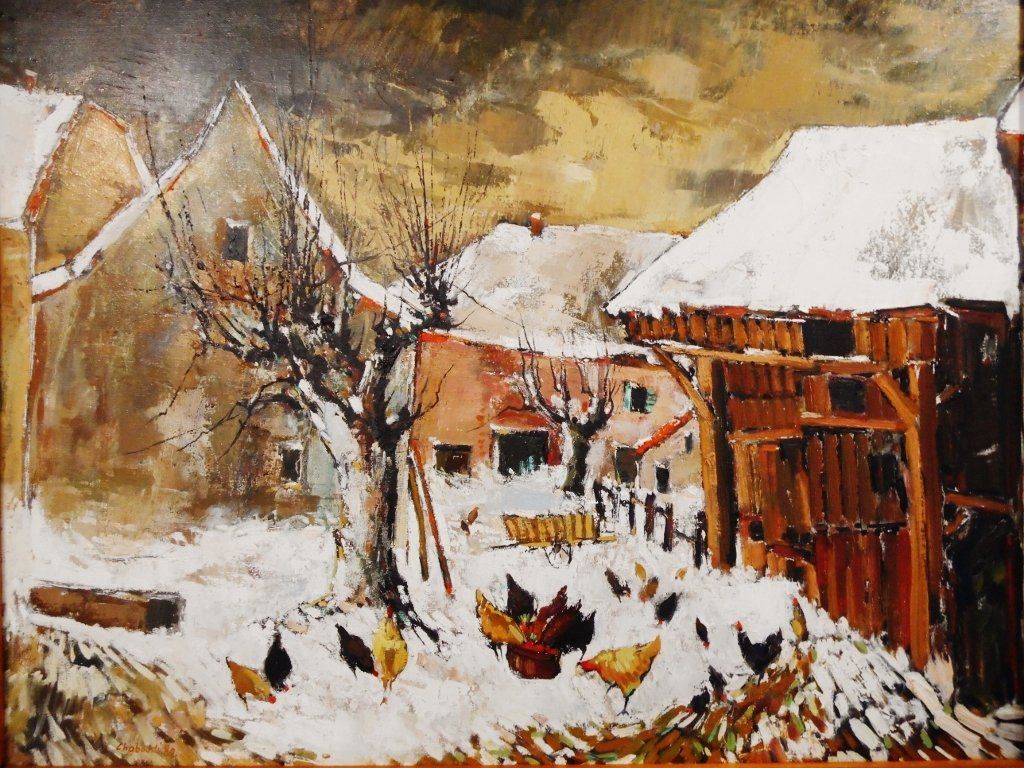 Jean Chaboudé, 1927/1987, huile sur toile, signature en bas à gauche daté 1980, dimension hors carde H 64/80 à vue, village du territoire de Belfort sous la neige