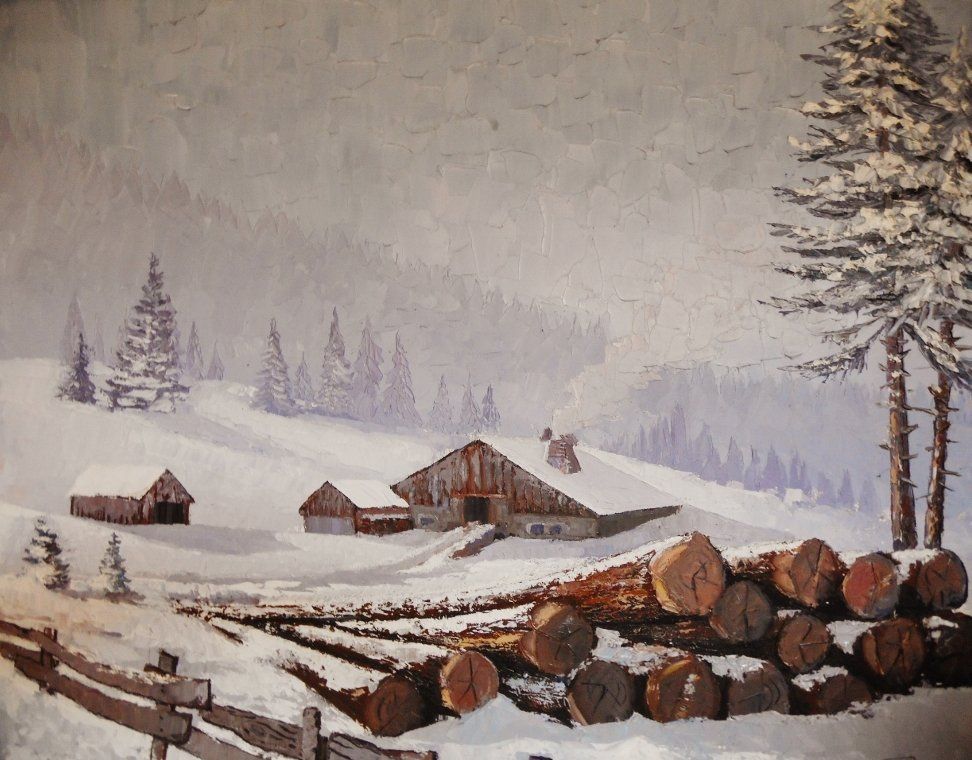 Petit Roger, 1948/2020, huile sur toile, signature en bas à droite, dimension hors cadre H60/72 à vue, ferme sous la neige dans le Haut Doubs