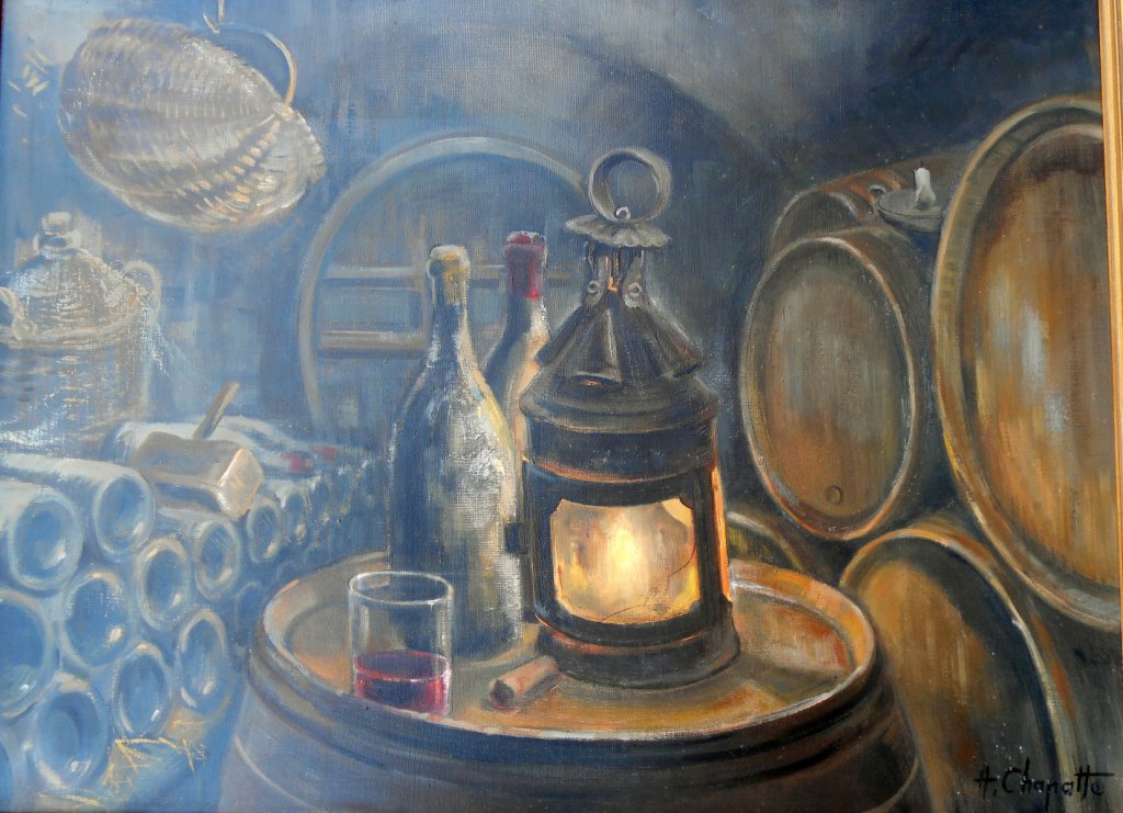 H CHAPATTE, 1918/1917, huile sur toile, signature en bas à droite,
le verre de l'amitié dans la cave du vigneron, 80/60 VENDU