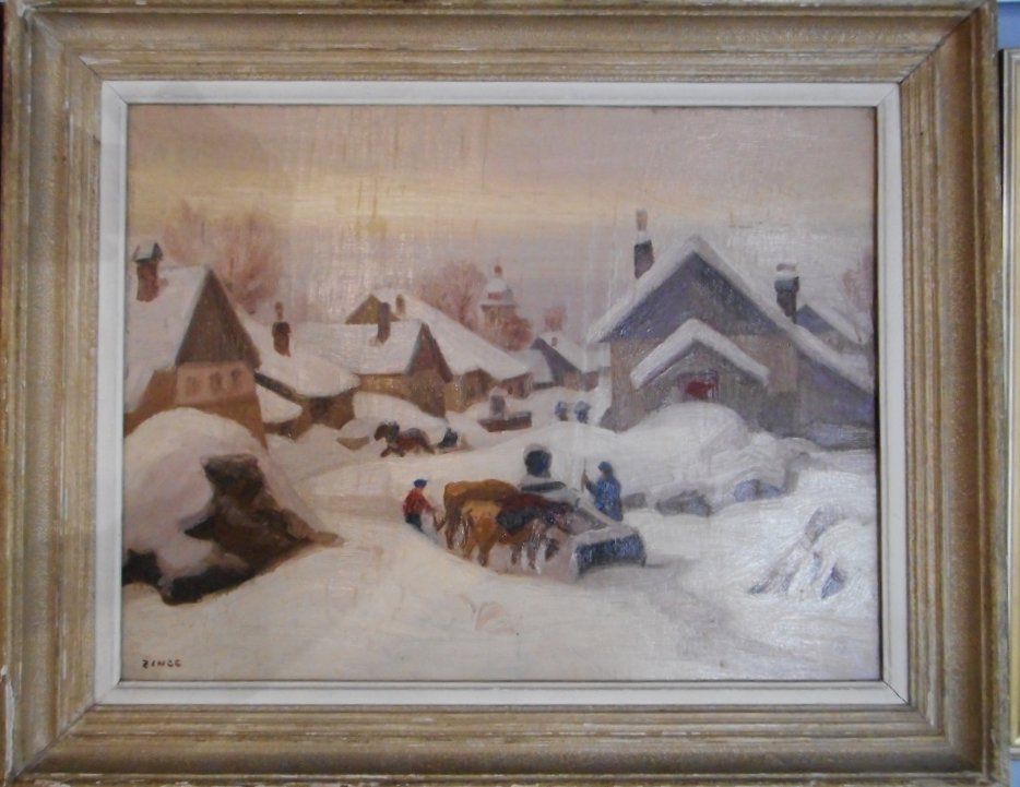 Jules Émile Zingg, 1882/1942, huile sur panneau, signature en bas à gauche, dimension hors cadre H50/65 à vue, village sous la neige animé VENDU