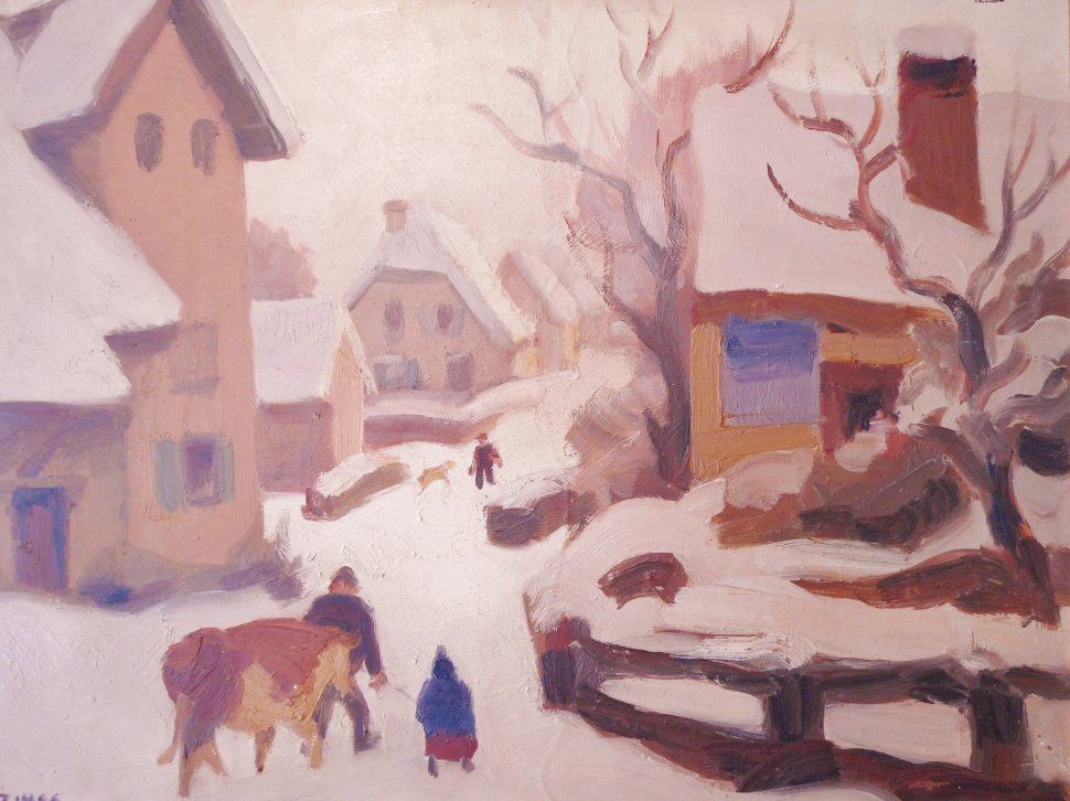 Village sous la neige, paysan amenant sa vache à l'abreuvoir accompagné d'un enfant VENDU
