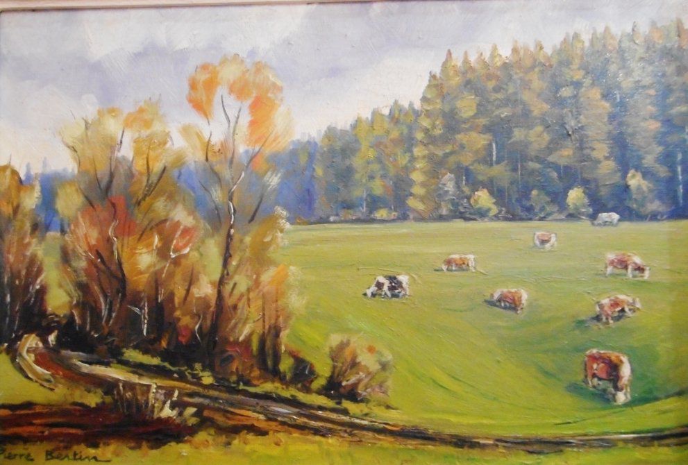 Pierre Bertin 1926/2006, huile sur toile, signature en bas à droite,
dimension hors cadre h27/41 à vue, paysage d'automne aux vaches en lisière de forêt à Epenoy Doubs, daté 1958